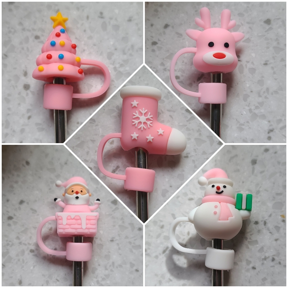 Cute 5 piece Pink Christmas Straw Covers